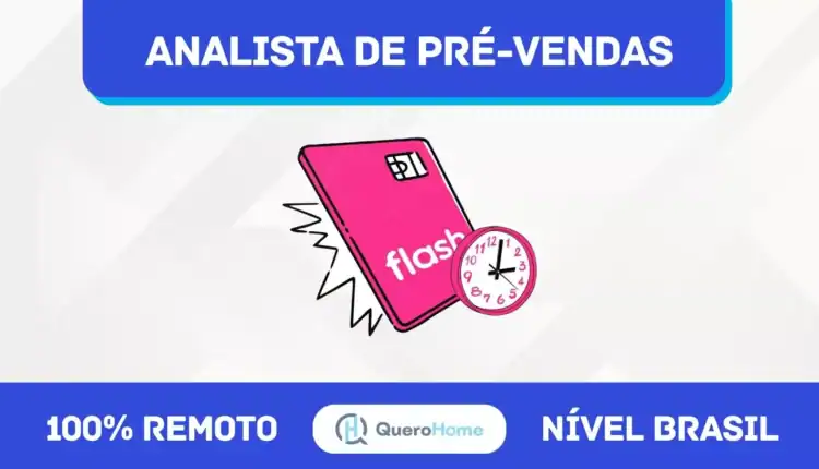 Imagem de cartão de crédito rosa com símbolo de flash e relógio clock sobre fundo branco, promovendo análise de pré-vendas remota no Brasil.